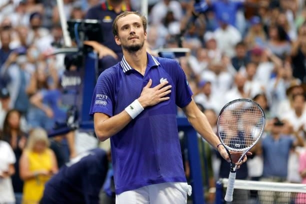 Daniil Medvedev of Russia celebrates defeating Novak Djokovic of Serbia to win their Men's Singles final match on Day Fourteen of the 2021 US Open at...