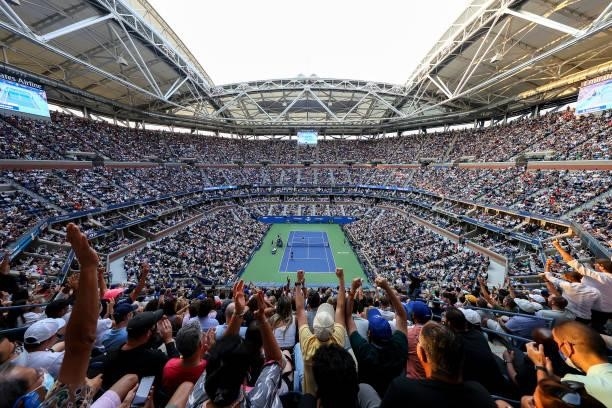 General view is seen is as fans cheer for Daniil Medvedev of Russia as he celebrates defeating Novak Djokovic of Serbia to win their Men's Singles...