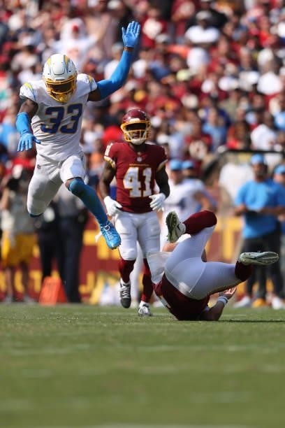 Derwin James of the Los Angeles Chargers reacts against the Washington Football Team during the first half at FedExField on September 12, 2021 in...