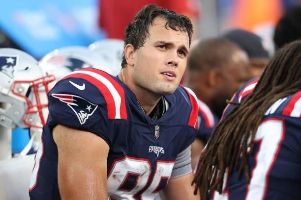 Hunter Henry of the New England Patriots looks on during the game against the Miami Dolphins at Gillette Stadium on September 12, 2021 in Foxborough,...