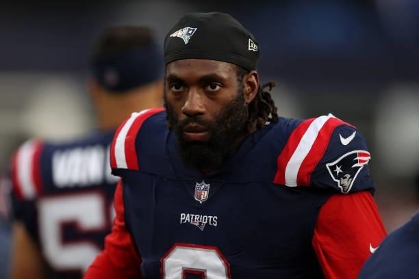 Matt Judon of the New England Patriots looks on during the game against the Miami Dolphins at Gillette Stadium on September 12, 2021 in Foxborough,...