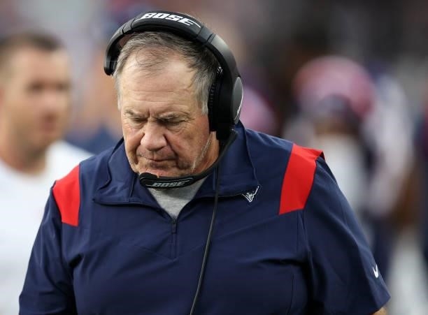 Head coach Bill Belichick of the New England Patriots looks on against the Miami Dolphins at Gillette Stadium on September 12, 2021 in Foxborough,...