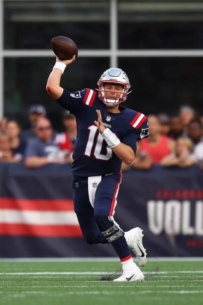 Mac Jones of the New England Patriots throws a pass during the game against the Miami Dolphins at Gillette Stadium on September 12, 2021 in...