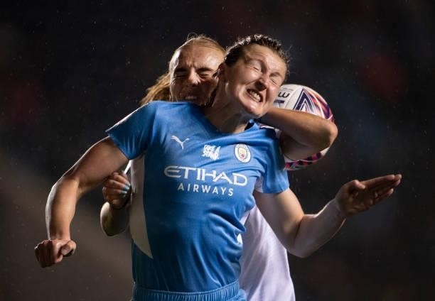 Ellen White of Manchester City and Molly Bartrip of Tottenham Hotspur in action during the Barclays FA Women's Super League match between Manchester...