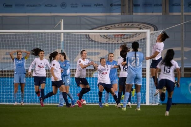 Tottenham Hotspur players celebrate their second and winning goal during the Barclays FA Women's Super League match between Manchester City Women and...