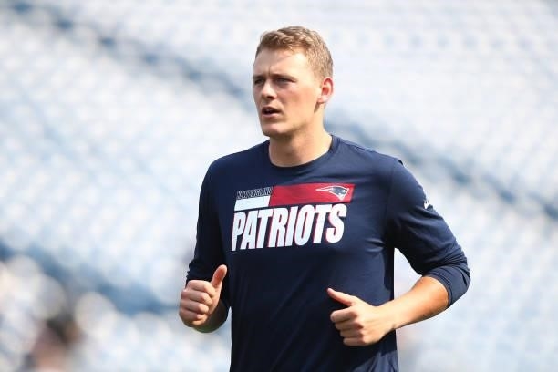 Mac Jones of the New England Patriots warms up prior to the game against the Miami Dolphins at Gillette Stadium on September 12, 2021 in Foxborough,...