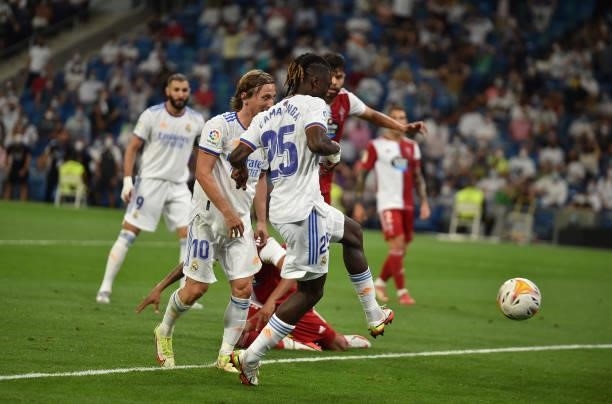 Eduardo Camavinga of Real Madrid scores their team's 4th goal during the La Liga Santander match between Real Madrid CF and RC Celta de Vigo at...
