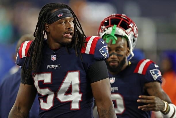 Dont'a Hightower of the New England Patriots reacts after losing to the Miami Dolphins 17-16 at Gillette Stadium on September 12, 2021 in Foxborough,...