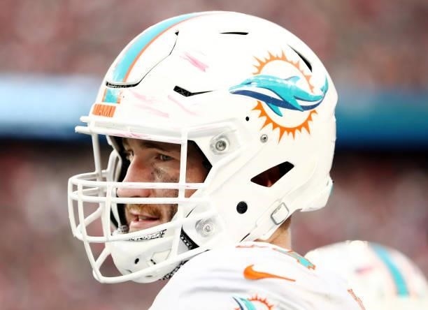 Liam Eichenberg of the Miami Dolphins looks on during the game against the New England Patriots at Gillette Stadium on September 12, 2021 in...