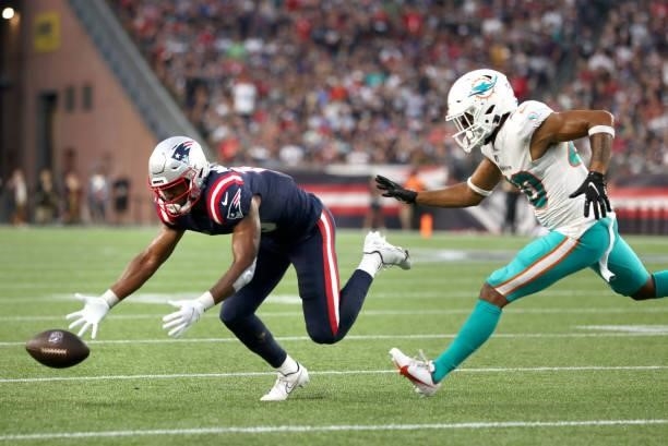 Jakobi Meyers of the New England Patriots is unable to make the catch against the Miami Dolphins during the second half at Gillette Stadium on...