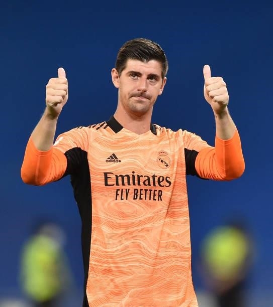 Thibaut Courtois of Real Madrid applauds fans at the end of the La Liga Santander match between Real Madrid CF and RC Celta de Vigo at Estadio...