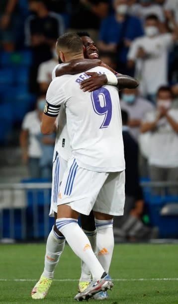 Karim Benzema and Vini Jr. Both of Real Madrid in action during the La Liga Santader match between Real Madrid CF and RC Celta de Vigo at Estadio...