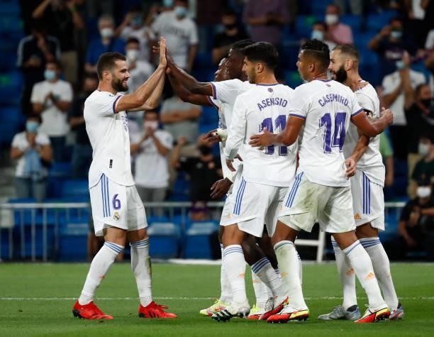 Real Madrid squad in action during the La Liga Santader match between Real Madrid CF and RC Celta de Vigo at Estadio Santiago Bernabeu on September...