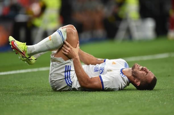 Eden Hazard of Real Madrid reacts after being tackled during the La Liga Santander match between Real Madrid CF and RC Celta de Vigo at Estadio...