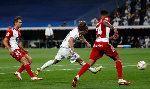 Luka Modric of Real Madrid in action during the La Liga Santader match between Real Madrid CF and RC Celta de Vigo at Estadio Santiago Bernabeu on...