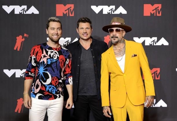 Lance Bass, Nick Lachey, and AJ McLean attend the 2021 MTV Video Music Awards at Barclays Center on September 12, 2021 in the Brooklyn borough of New...