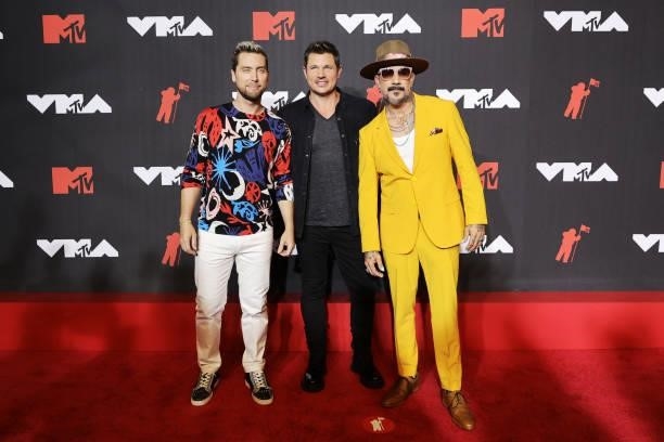 Lance Bass, Nick Lachey, and AJ McLean attend the 2021 MTV Video Music Awards at Barclays Center on September 12, 2021 in the Brooklyn borough of New...