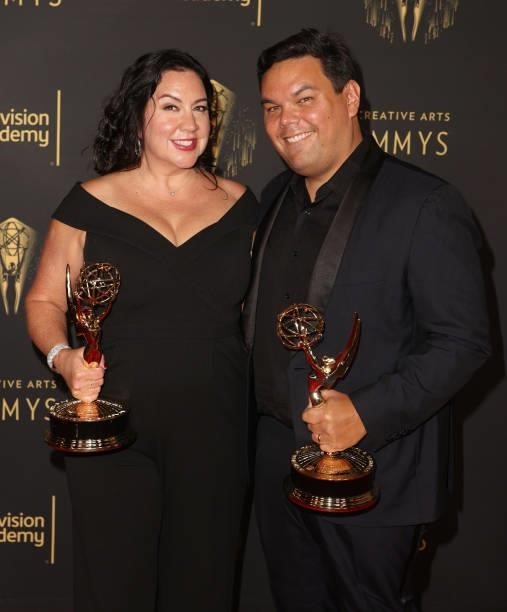 Kristen Anderson-Lopez and Robert Lopez pose with the award for Outstanding Original Music and Lyrics for "WandaVision
