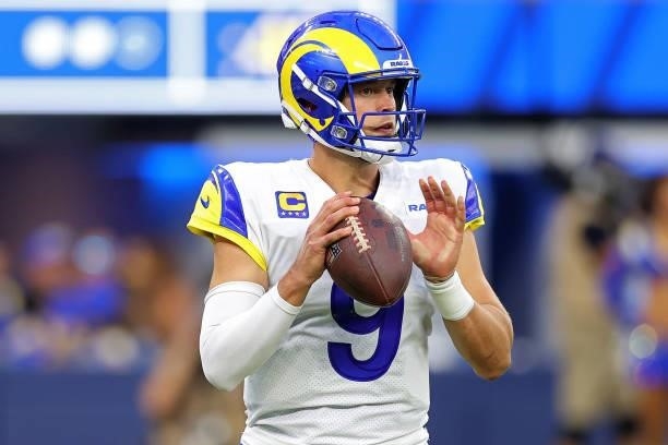 Matthew Stafford of the Los Angeles Rams looks to pass during the first half against the Chicago Bears at SoFi Stadium on September 12, 2021 in...