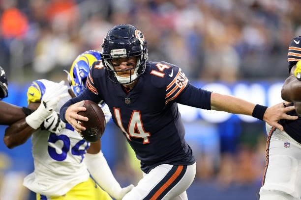 Andy Dalton of the Chicago Bears runs for yards during the first half against the Los Angeles Rams at SoFi Stadium on September 12, 2021 in...