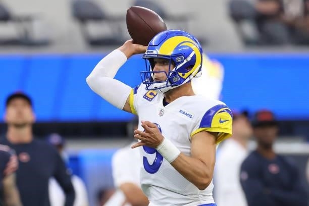 Matthew Stafford of the Los Angeles Rams looks to pass during the first half against the Chicago Bears at SoFi Stadium on September 12, 2021 in...