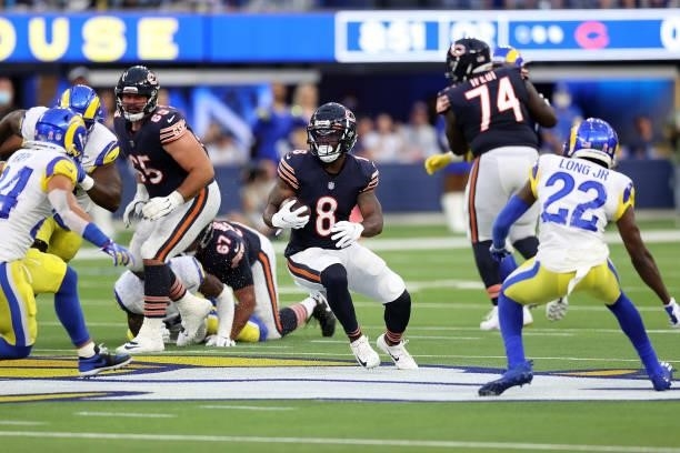 Damien Williams of the Chicago Bears runs for yards during the first half against the Los Angeles Rams at SoFi Stadium on September 12, 2021 in...