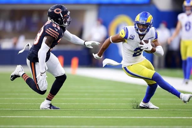 Robert Woods of the Los Angeles Rams is pursued by Jaylon Johnson of the Chicago Bears \d1 at SoFi Stadium on September 12, 2021 in Inglewood,...