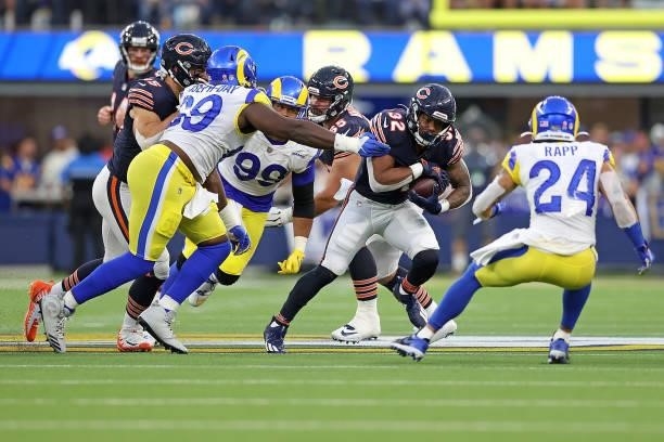David Montgomery of the Chicago Bears runs for yards during the first half against the Los Angeles Rams at SoFi Stadium on September 12, 2021 in...