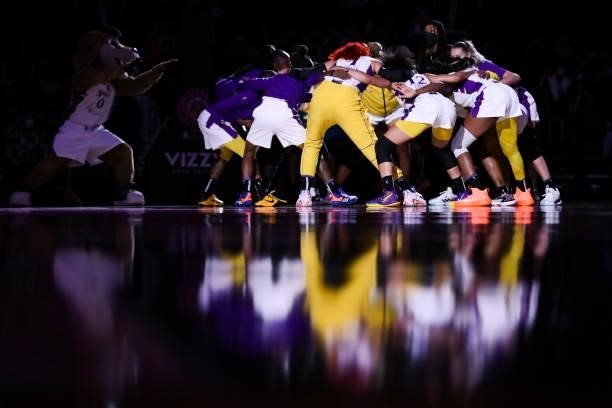 The Los Angeles Sparks huddle ahead of the game against the Seattle Storm at Staples Center on September 12, 2021 in Los Angeles, California. NOTE TO...