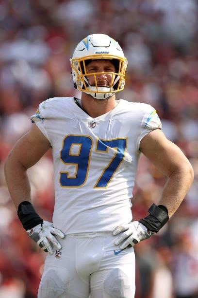 Defensive end Joey Bosa of the Los Angeles Chargers look on in the second half against the Washington Football Team at FedExField on September 12,...