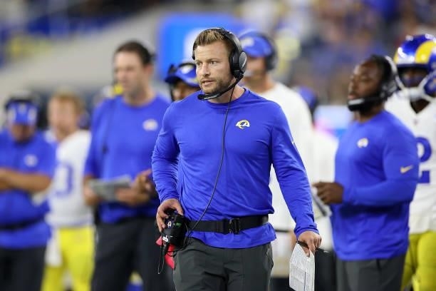 Head coach Sean McVay of the Los Angeles Rams watches action during a game against the Chicago Bears at SoFi Stadium on September 12, 2021 in...