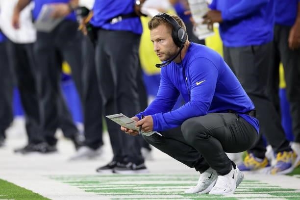 Head coach Sean McVay of the Los Angeles Rams watches action during a game against the Chicago Bears at SoFi Stadium on September 12, 2021 in...