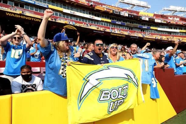 Los Angeles Chargers fans cheer after the Chargers defeated the Washington Football Team at FedExField on September 12, 2021 in Landover, Maryland.