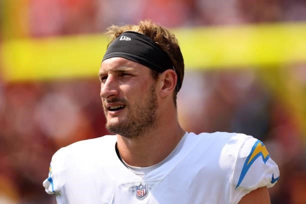 Defensive end Joey Bosa of the Los Angeles Chargers look on against the Washington Football Team at FedExField on September 12, 2021 in Landover,...
