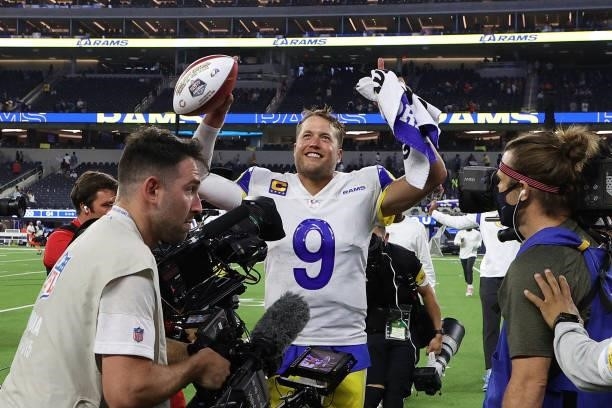 Matthew Stafford of the Los Angeles Rams leaves the field following a victory over the Chicago Bears 34-14 at SoFi Stadium on September 12, 2021 in...