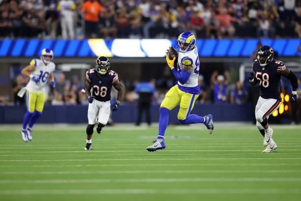 Tyler Higbee of the Los Angeles Rams catches a pass during the second half against the Chicago Bears at SoFi Stadium on September 12, 2021 in...
