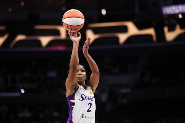 Guard Te'a Cooper of the Los Angeles Sparks shoots a free throw in the first half against the Seattle Storm at Staples Center on September 12, 2021...