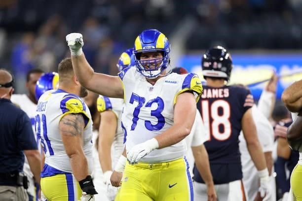 David Edwards of the Los Angeles Rams celebrates a victory over the Chicago Bears 34 at SoFi Stadium on September 12, 2021 in Inglewood, California.