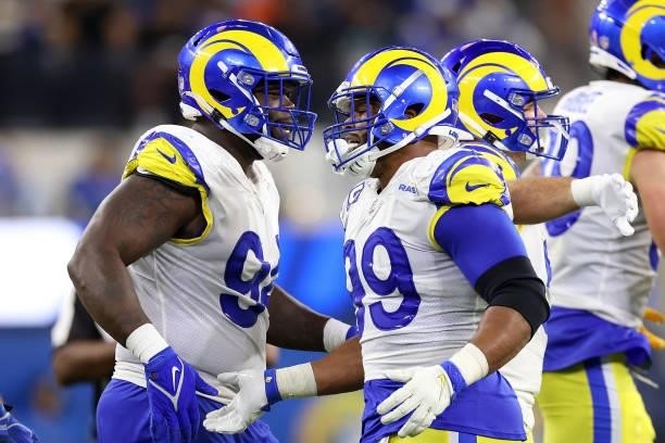 Aaron Donald of the Los Angeles Rams celebrates a sack during the second half against the Chicago Bears at SoFi Stadium on September 12, 2021 in...