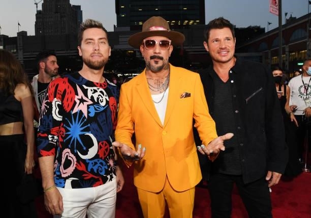 Lance Bass, AJ McLean, and Nick Lachey attend the 2021 MTV Video Music Awards at Barclays Center on September 12, 2021 in the Brooklyn borough of New...