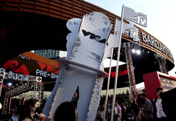 Branding for the 2021 MTV Video Music Awards is seen during the 2021 MTV Video Music Awards at Barclays Center on September 12, 2021 in the Brooklyn...
