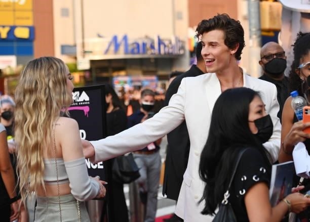 Dove Cameron and Shawn Mendes attend the 2021 MTV Video Music Awards at Barclays Center on September 12, 2021 in the Brooklyn borough of New York...