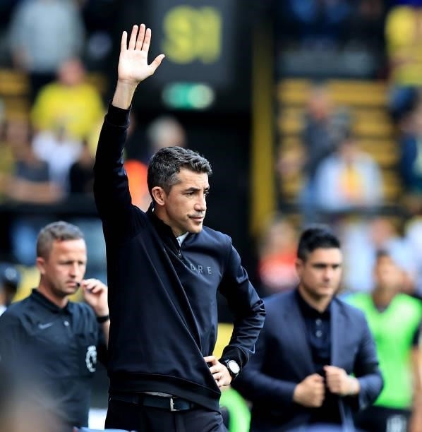 Bruno Lage, the Wolverhampton Wanderers manager waves to the crowd during the Premier League match between Watford and Wolverhampton Wanderers at...