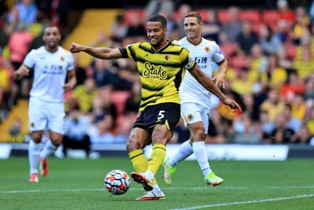William Troost-Ekong of Watford passes the ball during the Premier League match between Watford and Wolverhampton Wanderers at Vicarage Road on...