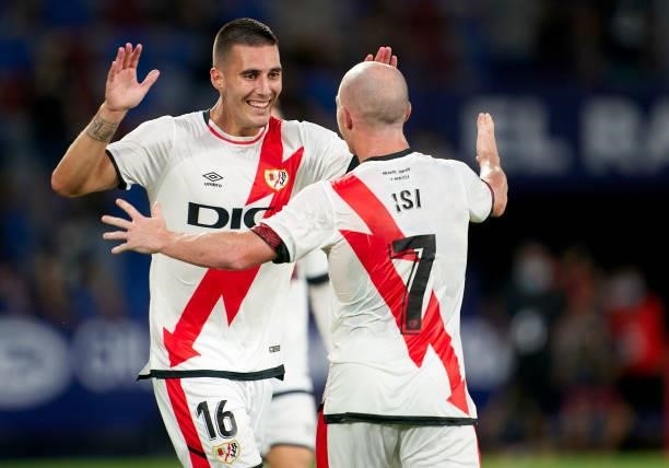 Sergi Guardiola of Rayo Vallecano celebrates after scoring his team's first goal with his teammate Isi Palazon during the La Liga Santander match...