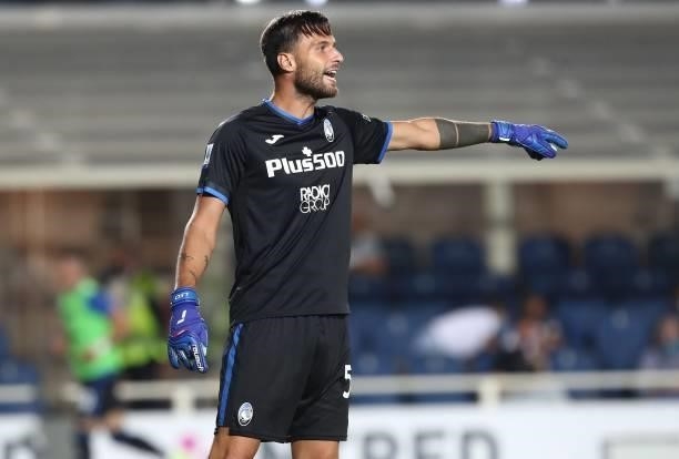 Marco Sportiello of Atalanta BC shouts during the Serie A match between Atalanta BC and ACF Fiorentina at Gewiss Stadium on September 11, 2021 in...