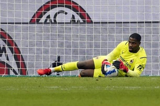 Goalkepeer of AC Milan Mike Maignan in action during the Serie A match between AC Milan and SS Lazio at Stadio Giuseppe Meazza on September 12, 2021...
