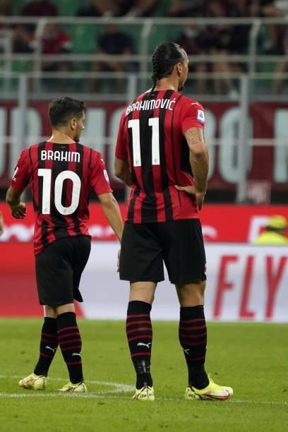 Brahim Diaz and Zlatan Ibrahimovic of AC Milan look during the Serie A match between AC Milan and SS Lazio at Stadio Giuseppe Meazza on September 12,...