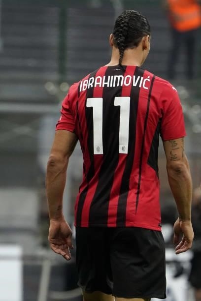 Zlatan Ibrahimovic of AC Milan by back during the Serie A match between AC Milan and SS Lazio at Stadio Giuseppe Meazza on September 12, 2021 in...