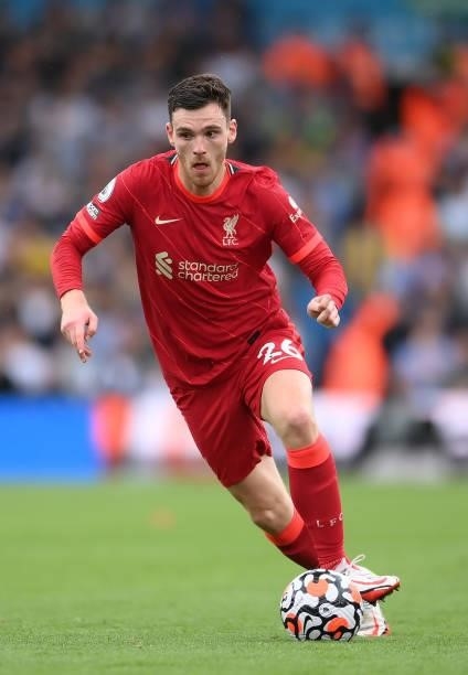 Andrew Robertson of Liverpool runs with the ball during the Premier League match between Leeds United and Liverpool at Elland Road on September 12,...